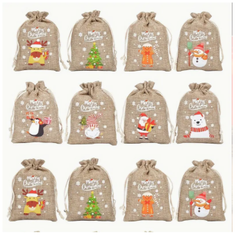 Σετ από 24 χριστουγεννιάτικα πουγκιά λινάτσας με κορδόνι